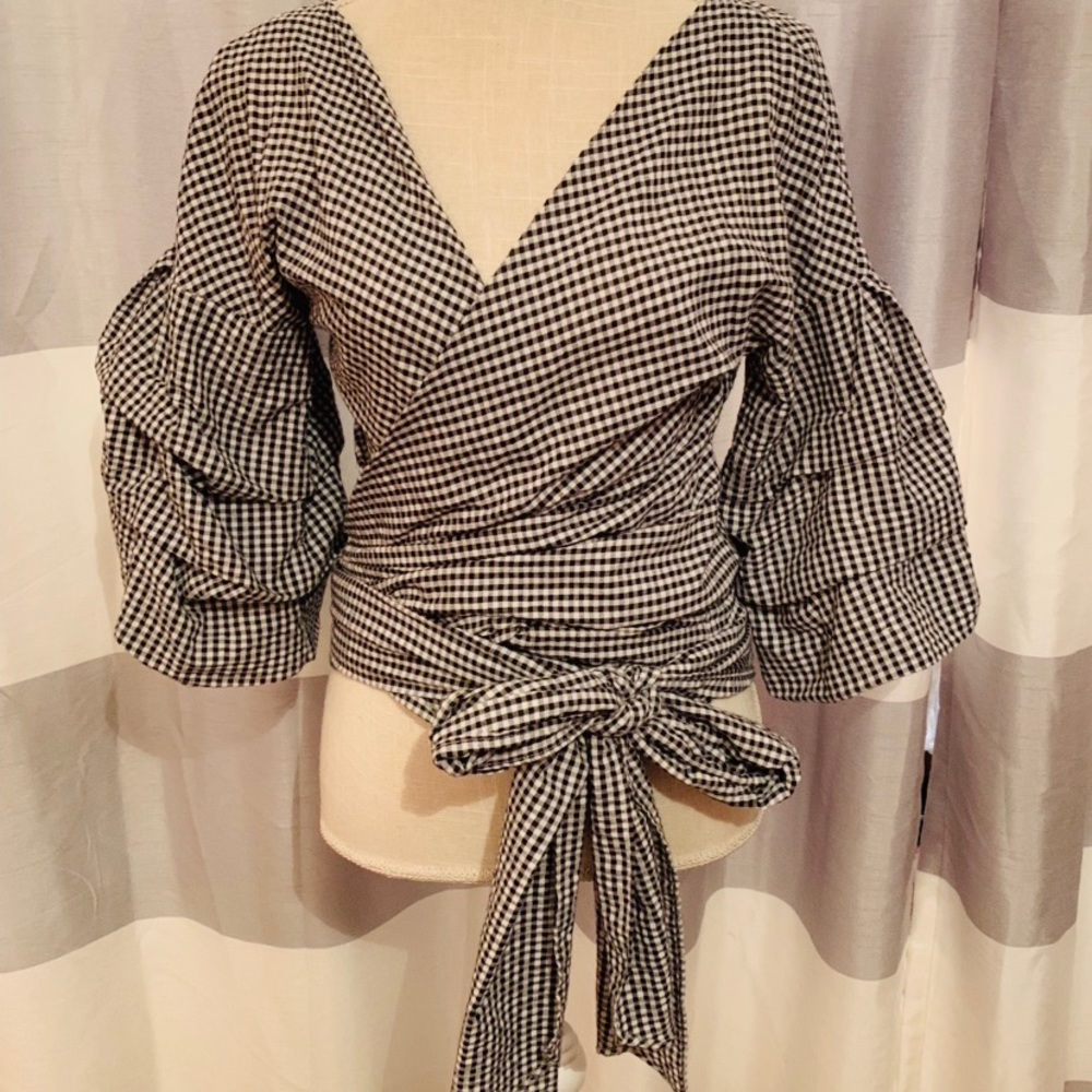 Gingham wrap blouse